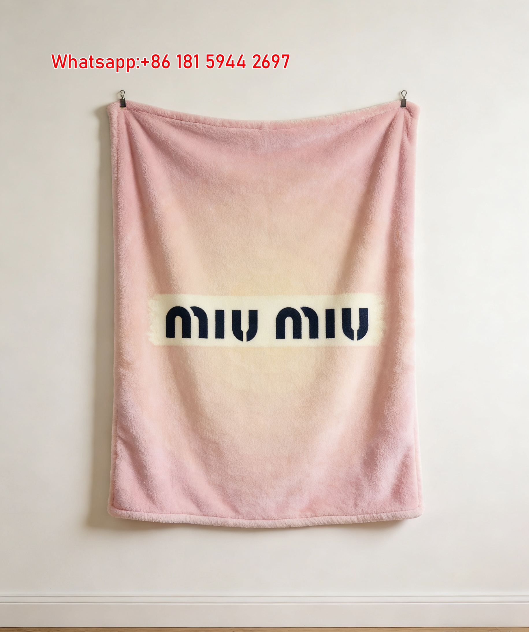 Miu Miu Gradient Logo Flannel Throw Blanket Soft Pastel Pink with Warm Peach Ombre Background Minimalist Brushstroke Logo Print IMG_0437